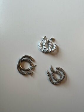 Set of 3 Silver Hoop Earrings - Mixed Textures